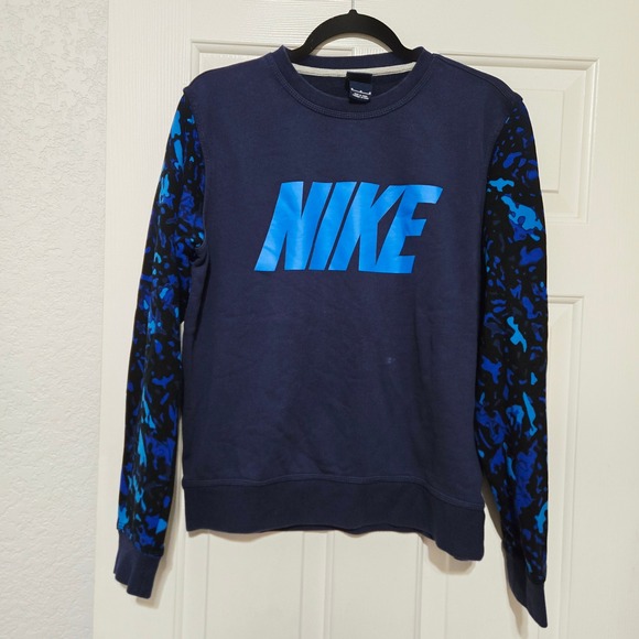 Nike Graphic Sweatshirt Crew Neck Blue Camo Sleeve Logo Men Medium - Picture 2 of 6